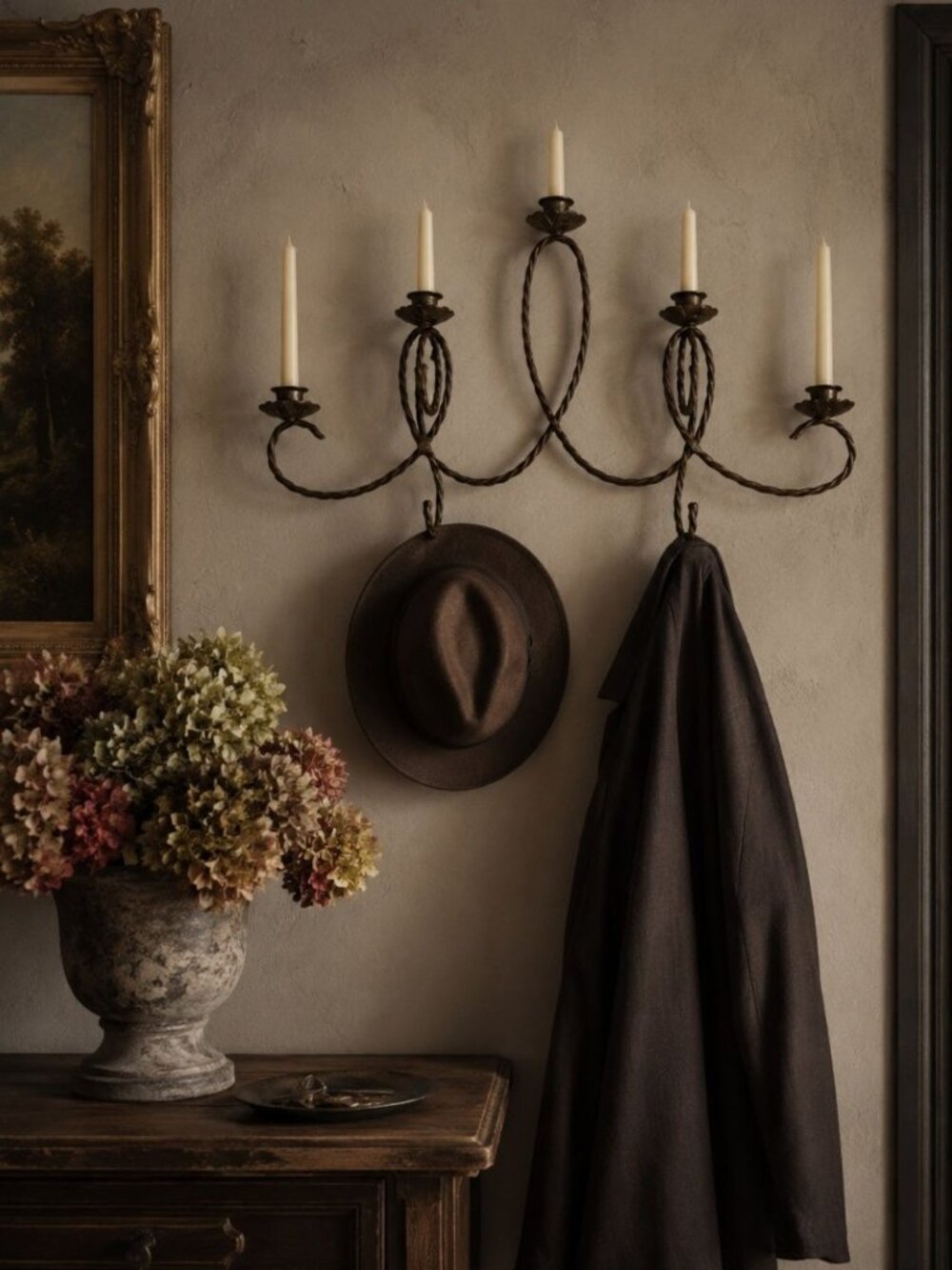 VTG Twisted Metal Wall Sconce Candle Holder 5 Bronze Tone 2 Hooks French Cottage